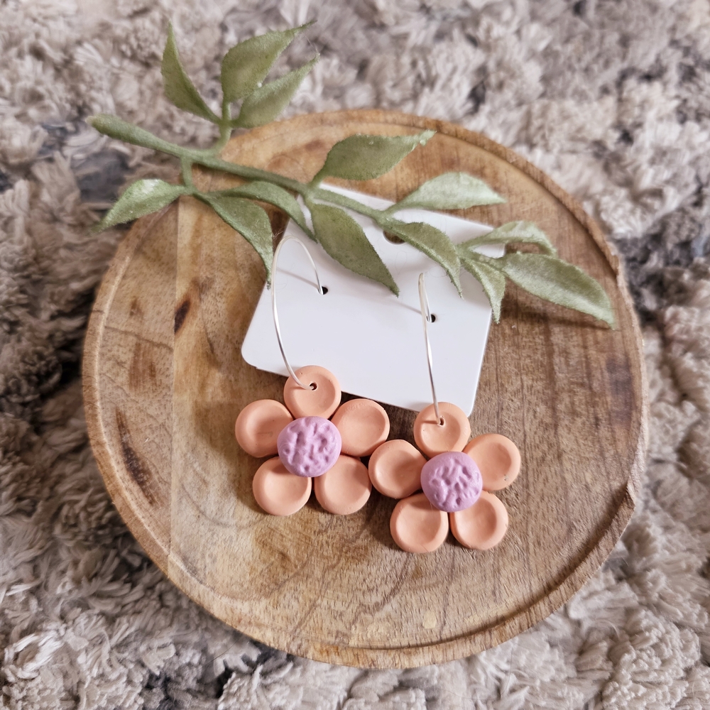 NWT Handmade Peach & Pink Flower Dangle Earrings/ Hoops/ Polymer Clay/ Statement
